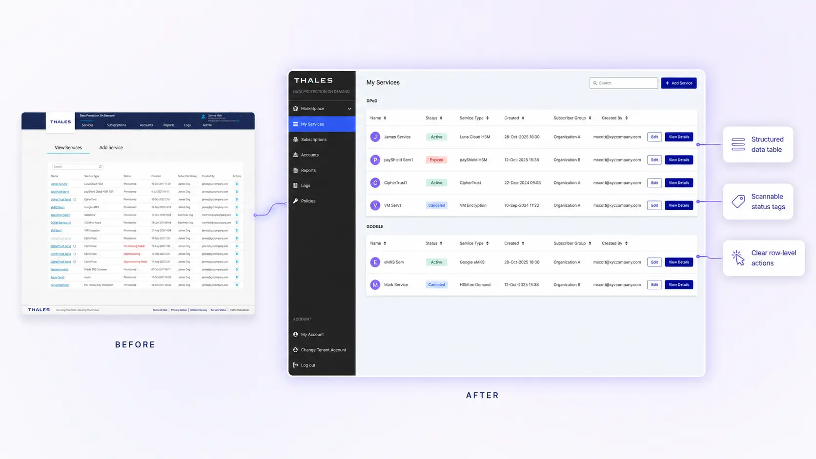 My Services before and after redesign